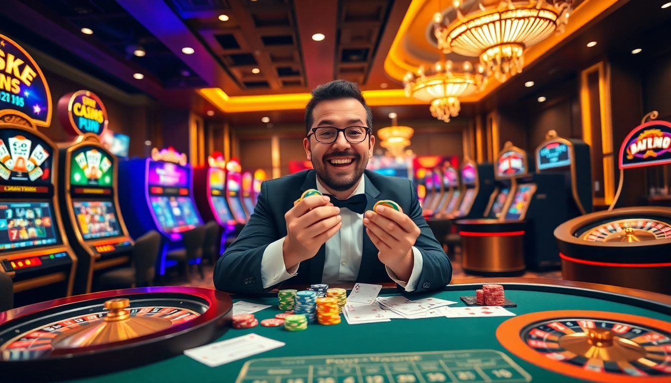 Engaging j88 player at a luxurious casino table with vibrant games and betting slips.