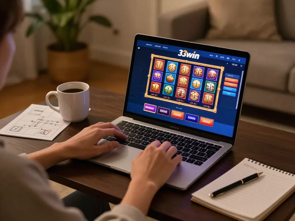 Engaging in online gaming at 33win with vibrant slot games displayed on laptop screen.
