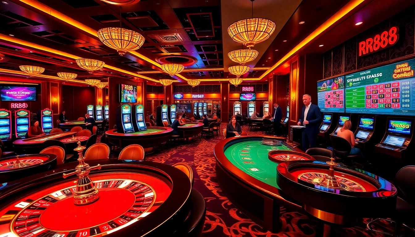 Experience RR88's thrilling casino atmosphere with vibrant tables, engaging players, and exciting games.