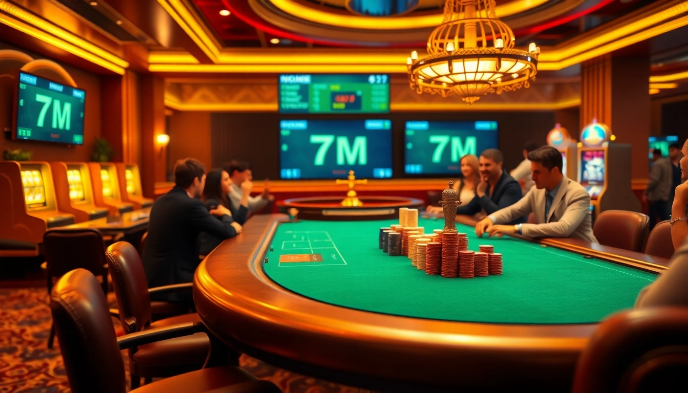 Experience the thrill of high-stakes gambling at a 7M casino table with vibrant poker chips.
