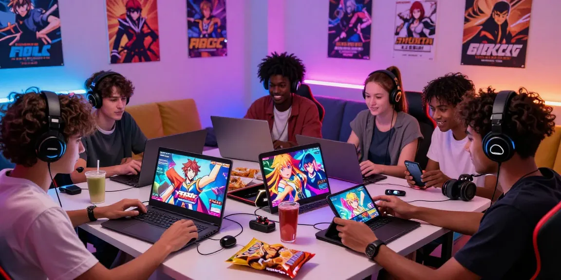 Gamers enjoying free ecchi games on diverse devices in a vibrant, playful gaming environment.