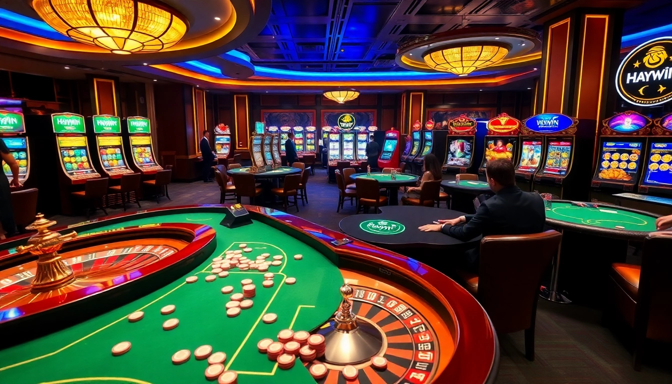 Experience thrilling gameplay at Haywin casino with vibrant slot machines and exciting gambling tables.