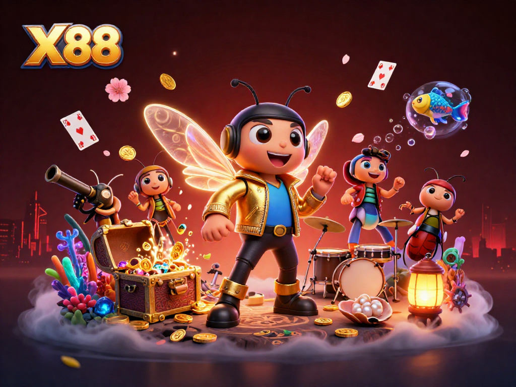 X88 captures the excitement of casino gaming with a vibrant illustration featuring a cicada rock star and dynamic treasure elements.