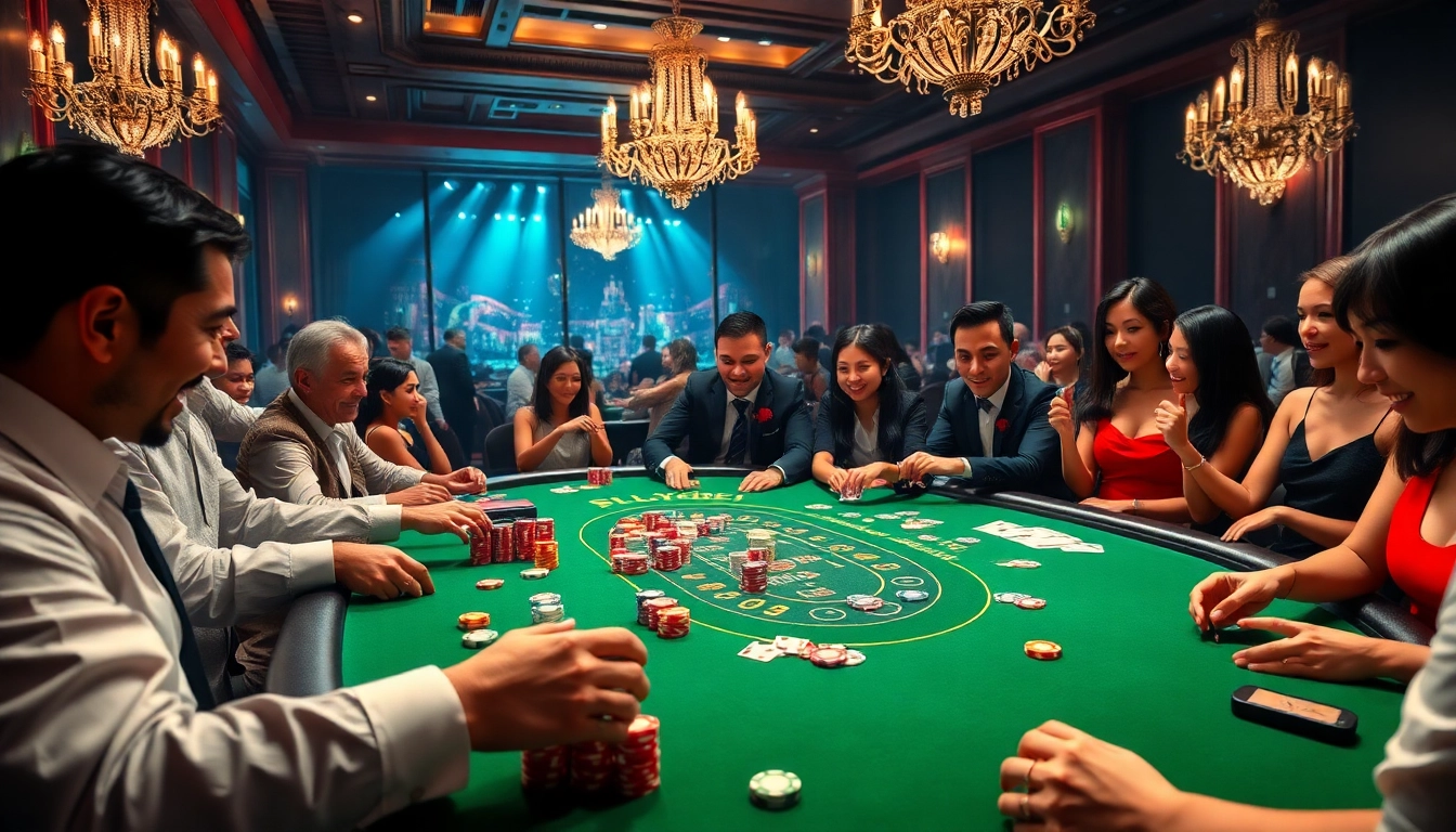 FLY88 poker table scene showing chips, cards, and players enjoying a thrilling gambling experience.