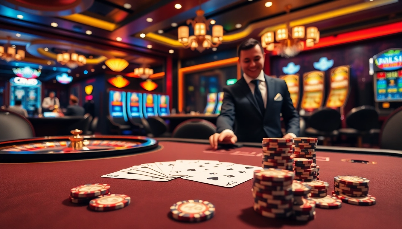Experience thrilling moments at https://vn88.gives/ with an elegant poker table showing winning cards and vibrant casino lights.