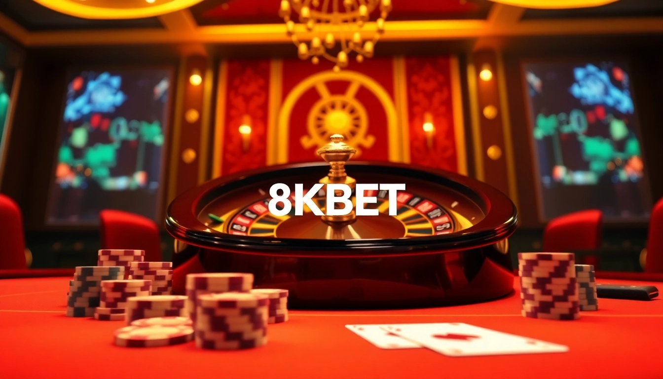 Experience thrilling online gambling with 8KBET’s vibrant casino interface filled with poker chips and roulette.
