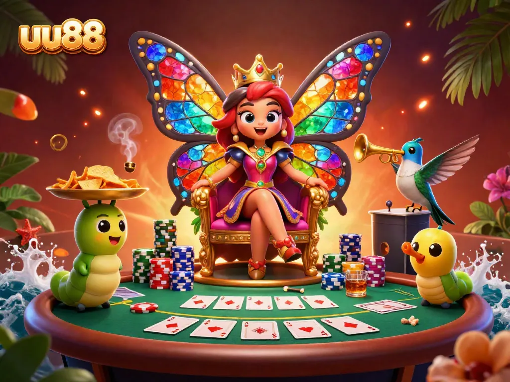 Experience rich gameplay at uu88 with vibrant poker elements and whimsical characters in a detailed illustration.