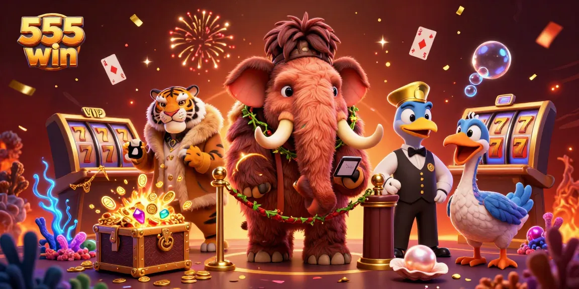 Win big with 555 win in this vibrant casino-themed digital illustration filled with excitement.