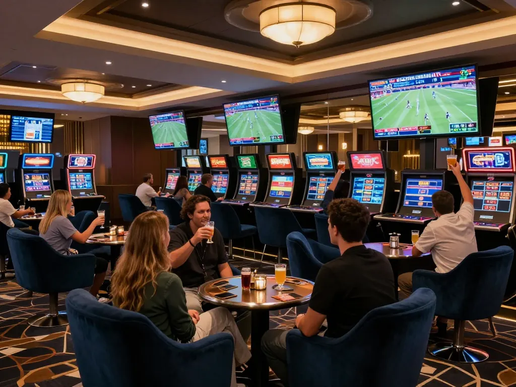 Engaged bettors celebrating wins at sin88's upscale sports betting lounge.