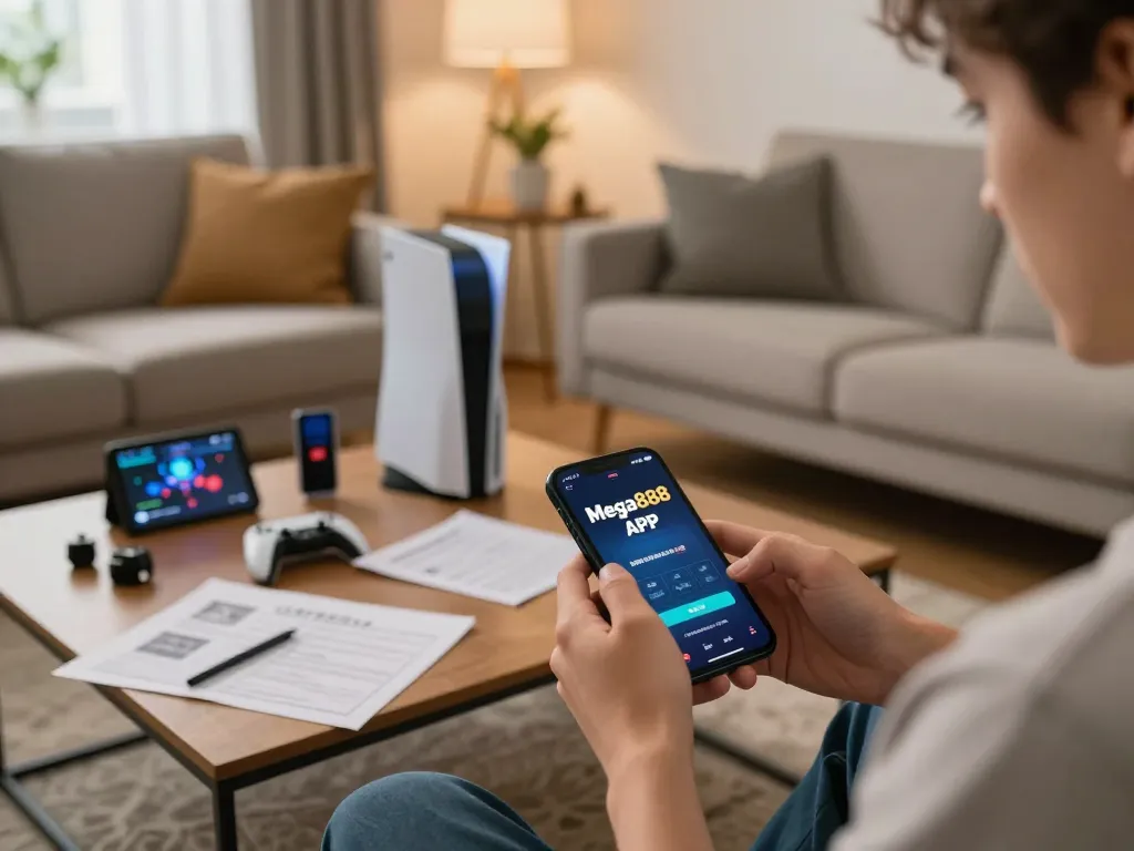 Download Mega888 APK on smartphone, showcasing mobile gaming setup in cozy environment.
