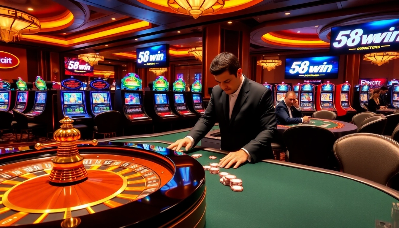 Players enjoying thrilling games at 58win's vibrant casino, featuring roulette and slot machines.