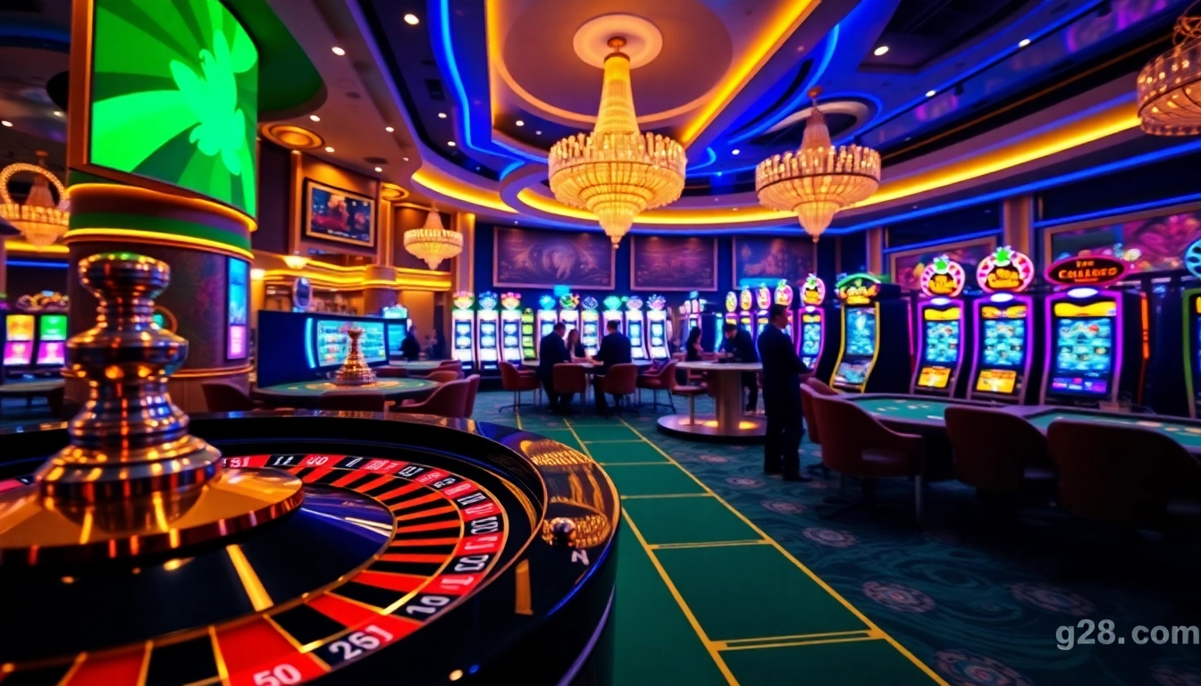 Exciting online gambling atmosphere at g28.com with vibrant casino tables and immersive gaming.