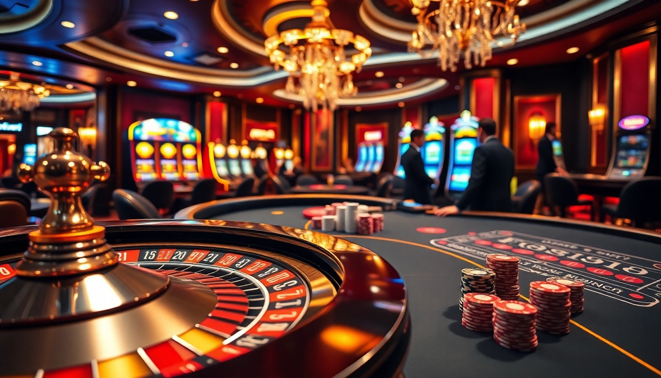 Engage with debet betting excitement at a lavish casino with roulette and blackjack tables.