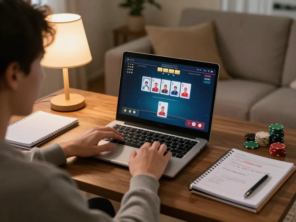 Player enjoying a go8 poker game on a laptop in a cozy home setting, combining relaxation with strategic gambling action.