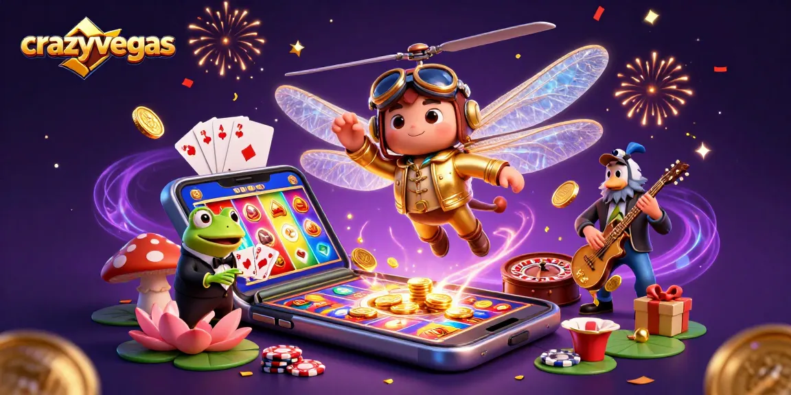 Crazy Vegas showcases a vibrant 3D casino scene with a dragonfly pilot, frog dealer, and jazz band, highlighting exciting gaming action.
