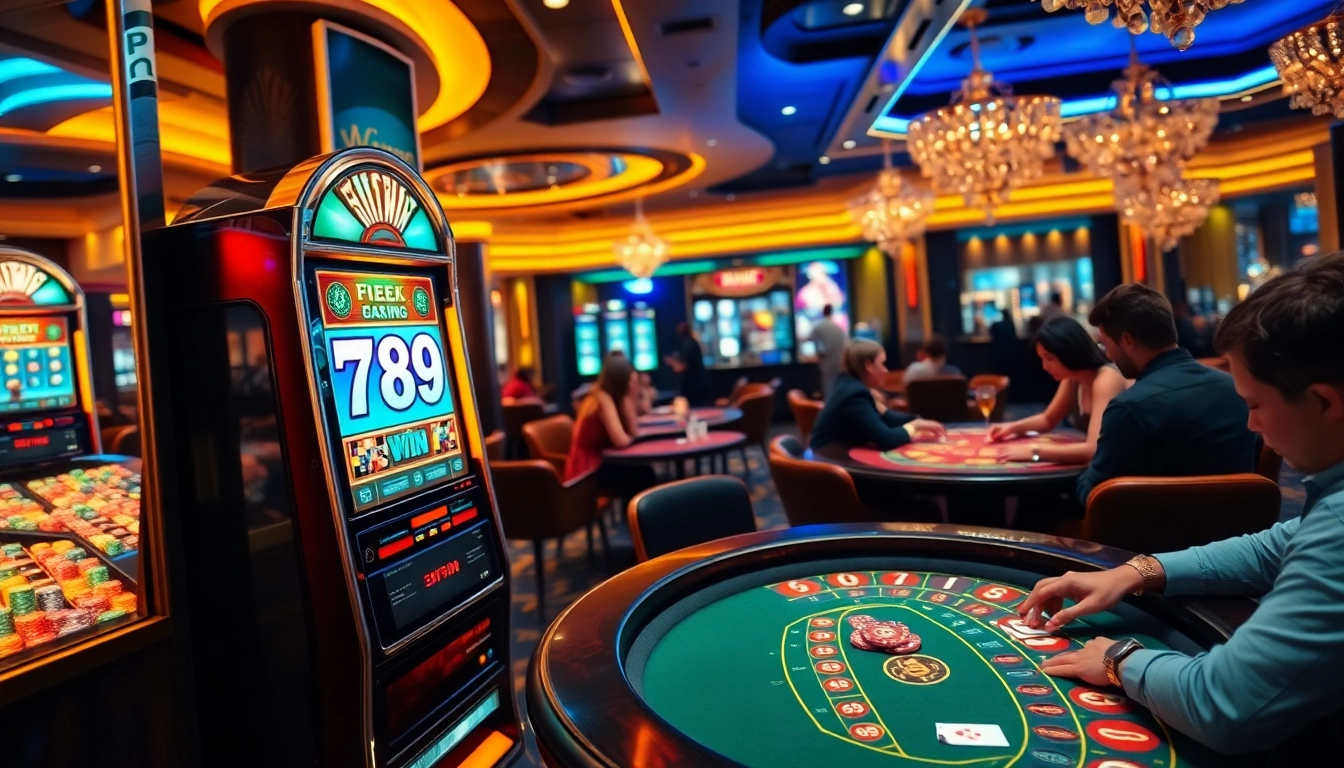 Players enjoying a thrilling experience at the luxurious 789win casino, showcasing vibrant slot machines and table games.