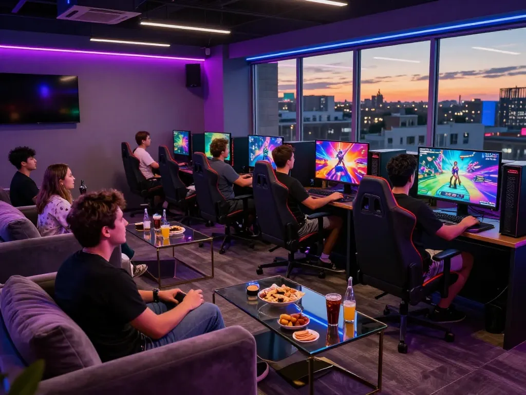 Engaged players enjoying immersive porn games in a vibrant gaming lounge setting.