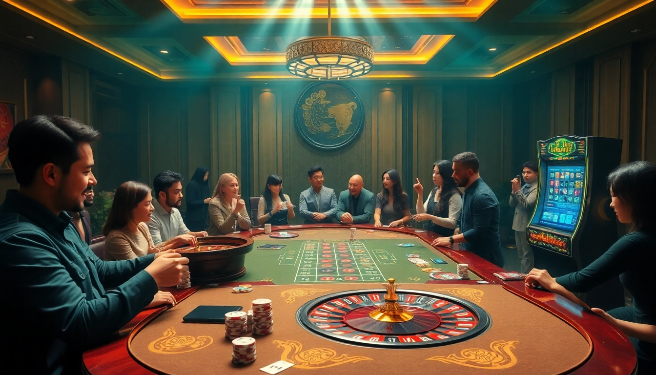 Nổ Hũ Uy Tín highlights an engaging casino scene with players and vibrant gaming elements.