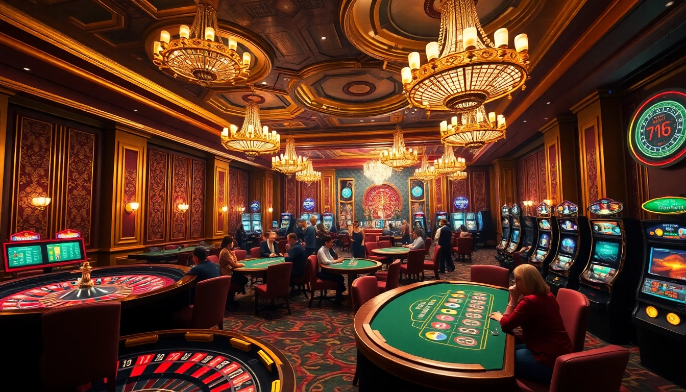 Exciting gambling scene at MOCBAI casino with players at poker and roulette tables.