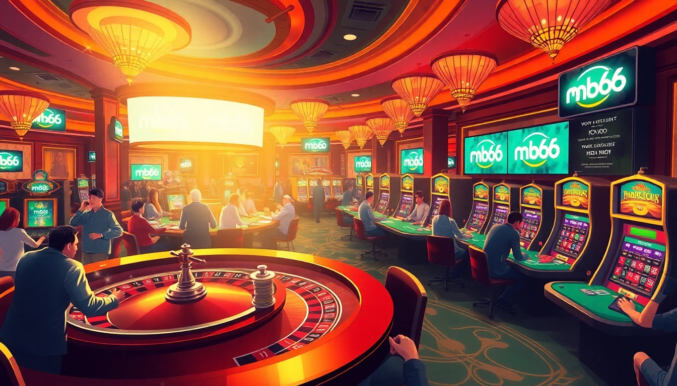 Gamblers enjoying games at the mb66 casino, featuring poker chips, roulette wheels, and slot machines.