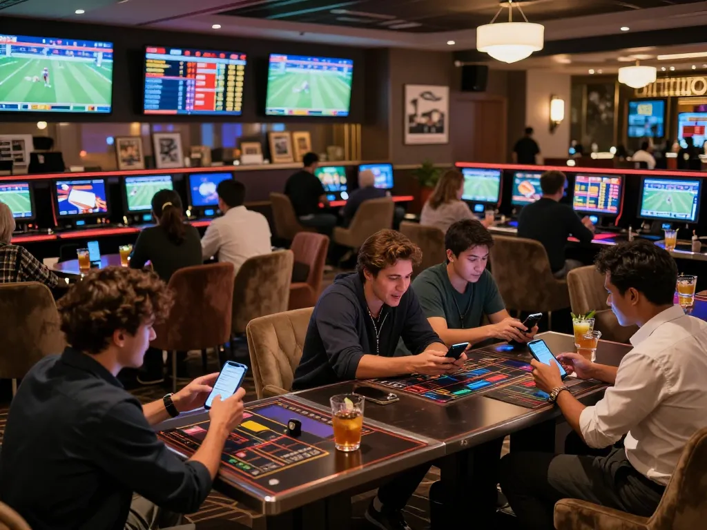 F8BET users placing bets in a vibrant sports lounge while watching live games.