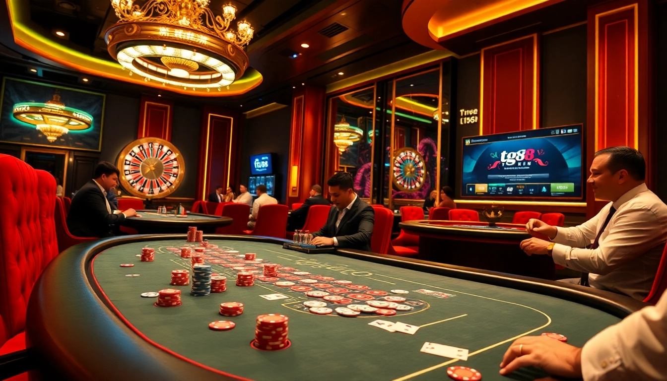 Experience the excitement at tg88 with poker chips and a roulette wheel in a luxurious casino scene.