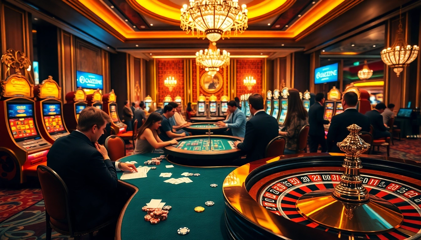 Engaged players enjoying a lively casino experience at 'chotruyen' themed gambling tables with illuminated slot machines.