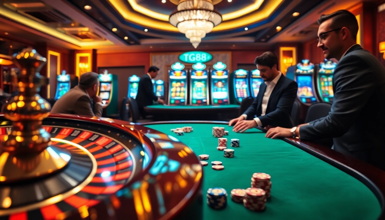Players engaging in high-stakes poker at a luxurious casino featuring TG88-themed chips.
