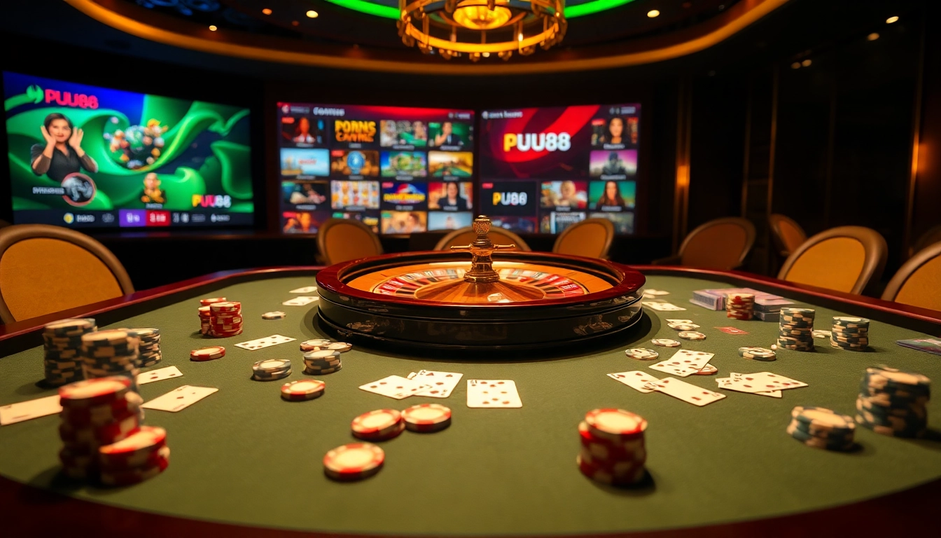 Experience the excitement of PU88 online gambling at a luxury casino table with cards and chips.