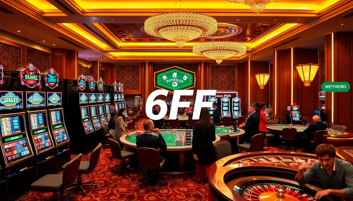 Engaged players enjoying high-stakes games at 6FF casino with vibrant slot machines and poker tables.