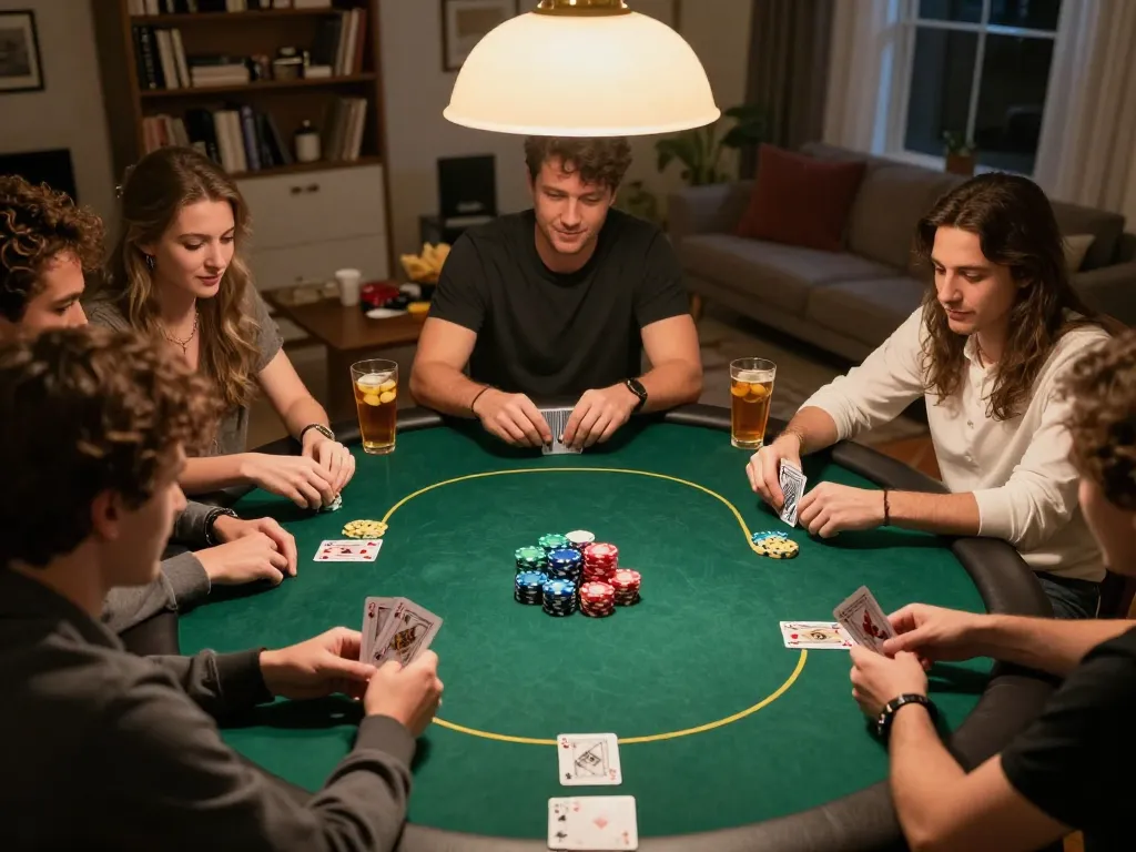 KUWIN home poker night with friends playing Texas Hold'em in cozy atmosphere