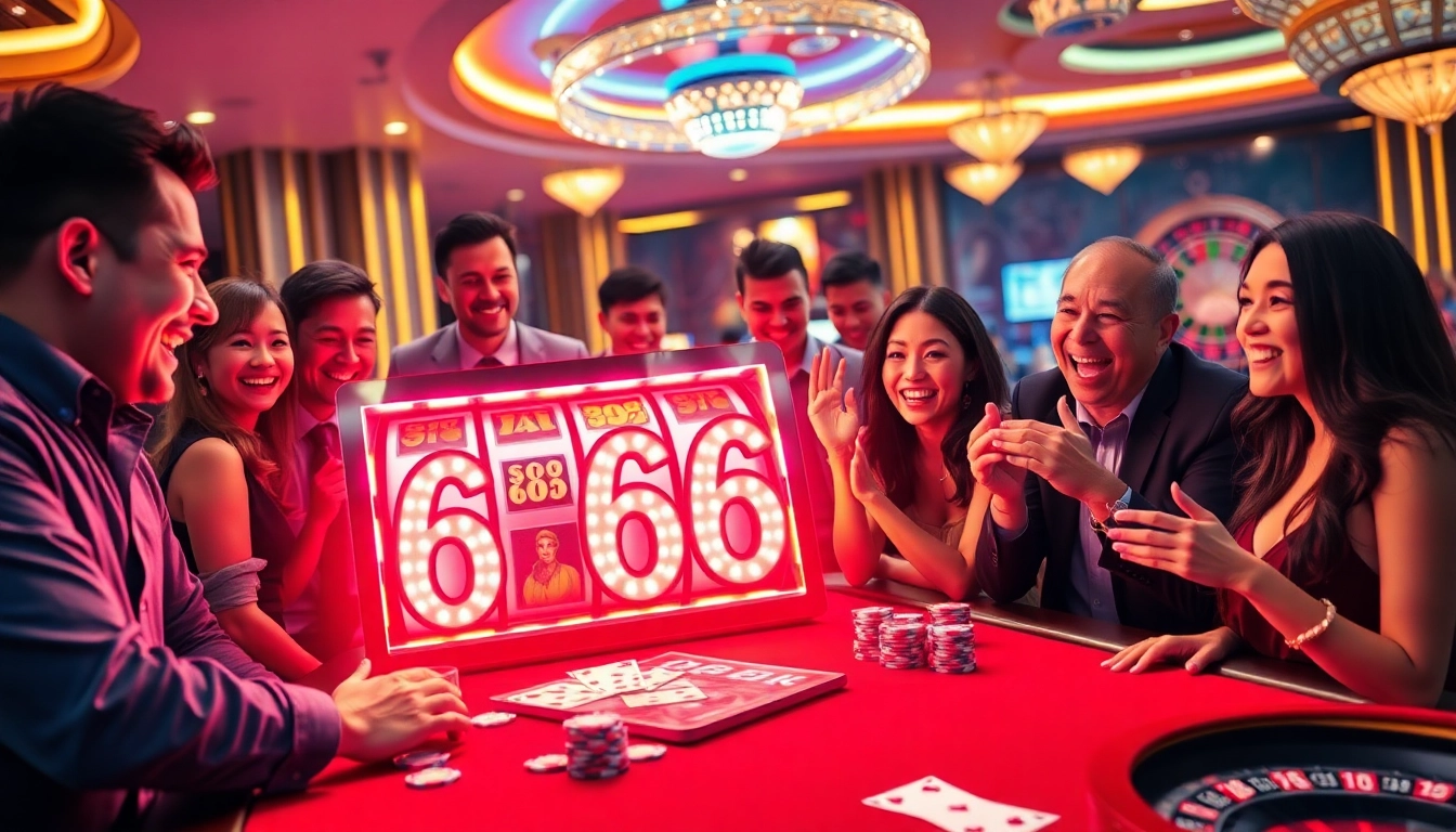 s666 themed casino excitement with players at slot machines and vibrant gaming atmosphere.