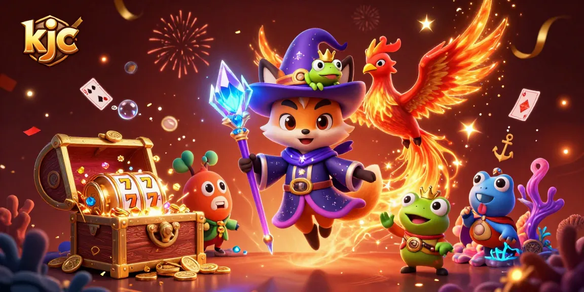 Spin the lucky slot reels with kjc's magical wizard fox and phoenix in a dazzling casino scene.