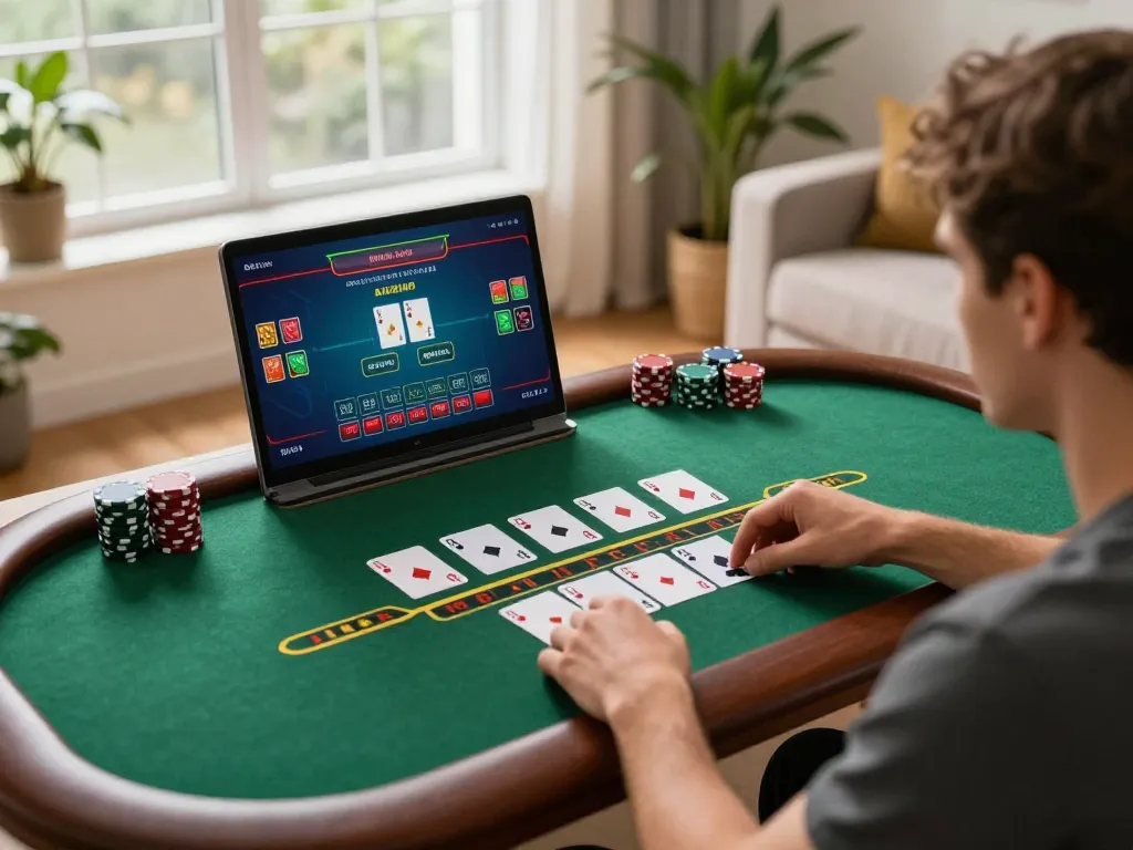 Player enjoying an engaging blackjack session on 23win from home, showcasing vibrant gaming setup.