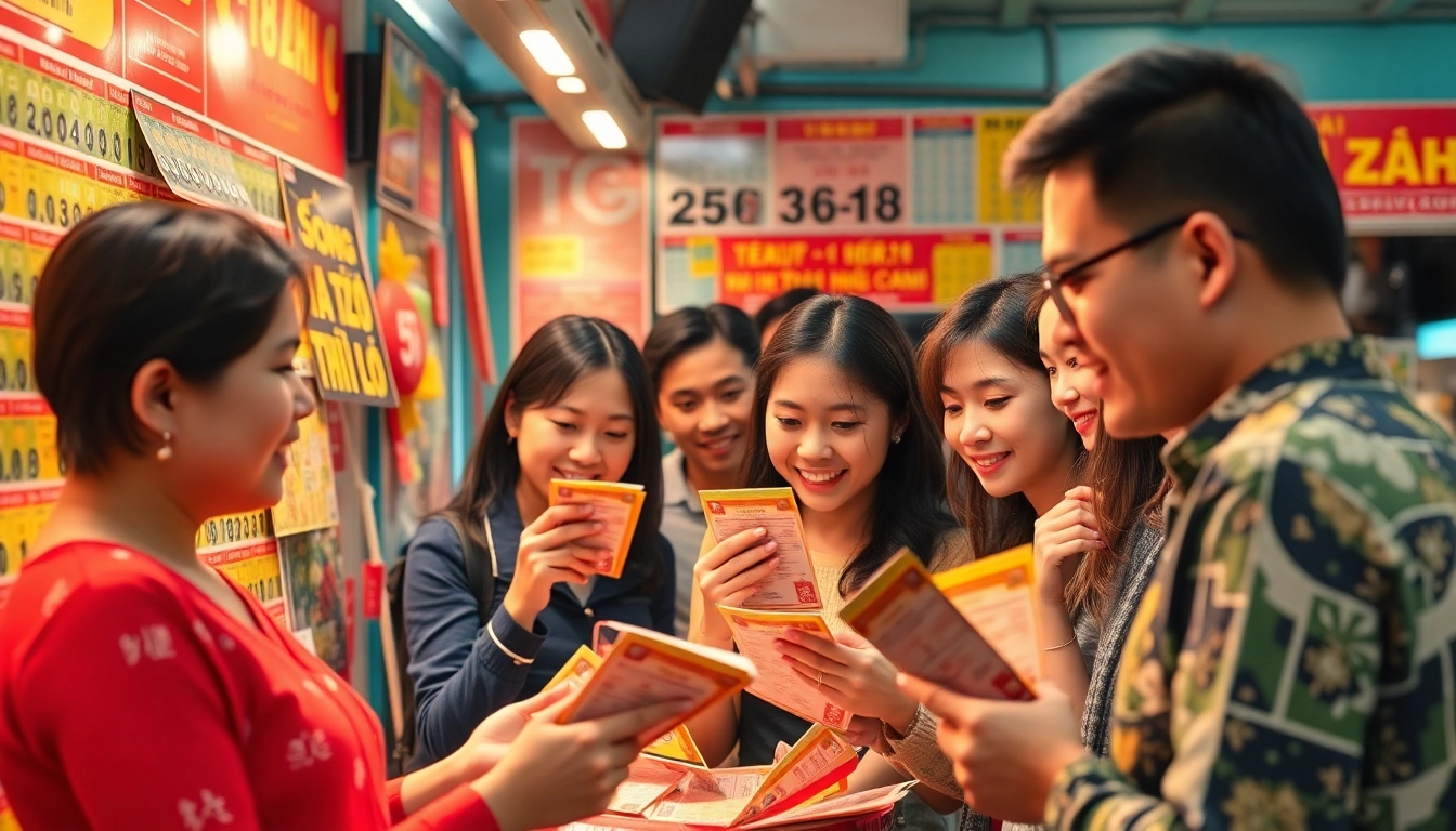 Exciting scene of players engaging with Song thủ lô lottery tickets at a vibrant counter.