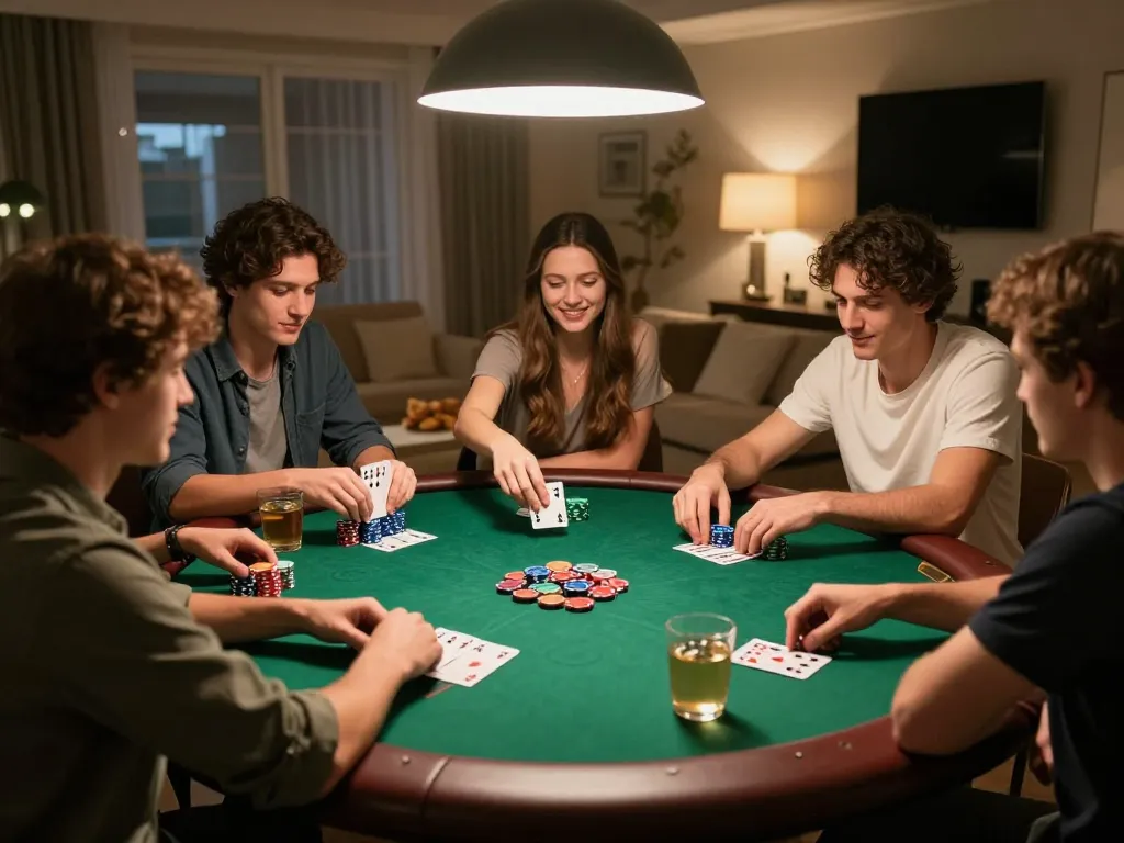 Players enjoying a lively game night with friends at home, showcasing strategic decisions in open88 poker.