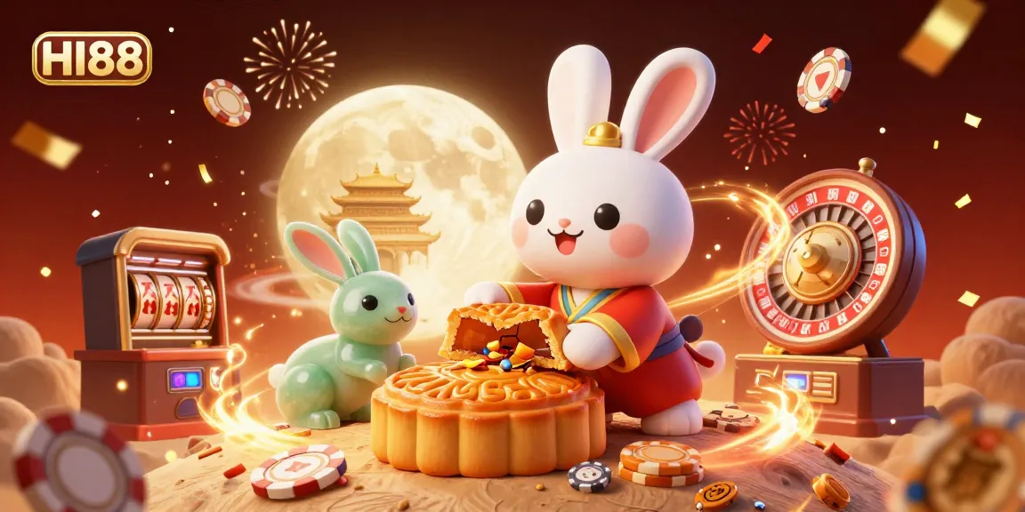 Experience the excitement at HI88 with a dynamic 3D casino scene showcasing festive elements and poker treasures.