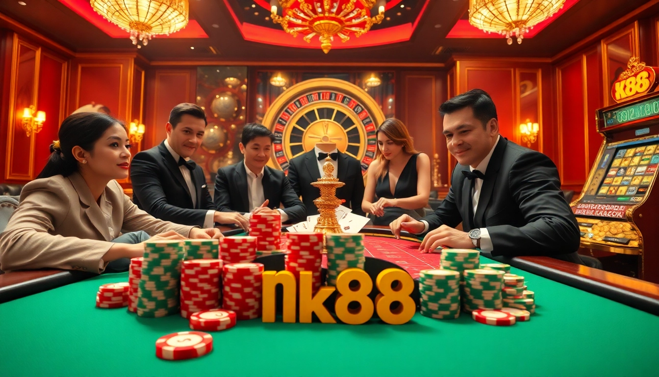 Players enjoying a thrilling poker game at nk88 casino, surrounded by colorful chips and a roulette wheel.