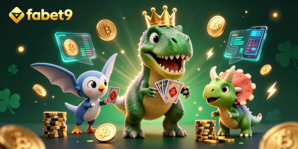 Experience diverse gaming at fabet9 with a friendly dinosaur dealer and vibrant cryptocurrency accents.