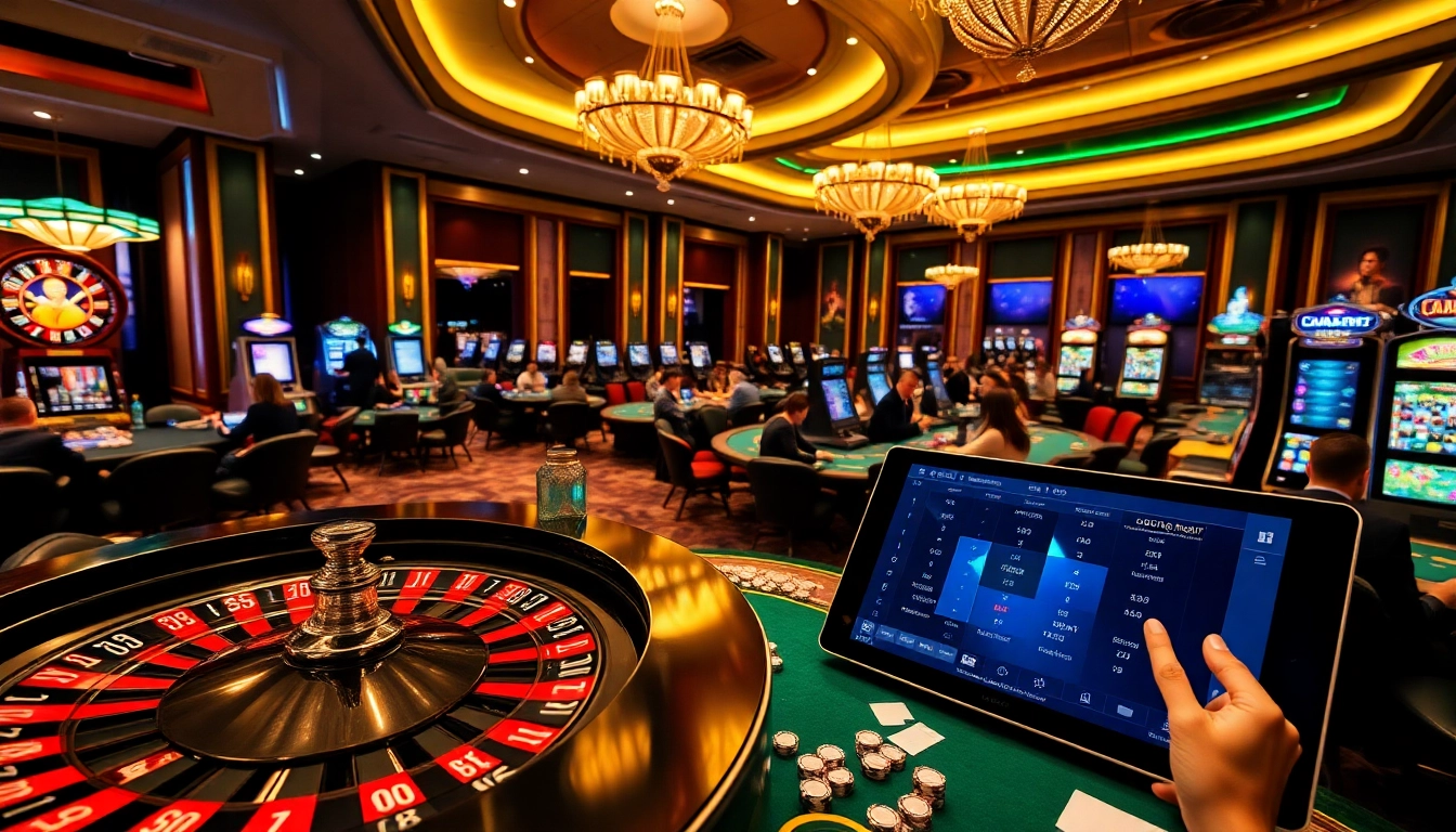 Experience the excitement at trang chủ kjc with players enjoying a vibrant casino atmosphere, indulging in various games.