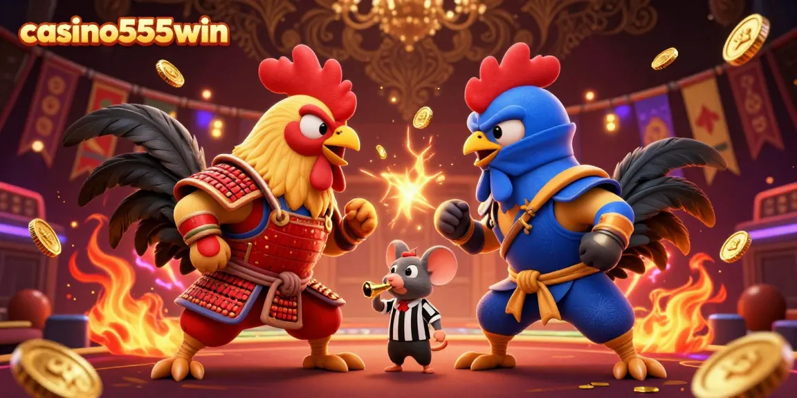 Experience thrilling action with casino555win featuring cartoon roosters in a dynamic standoff amidst golden feathers and gambling elements.