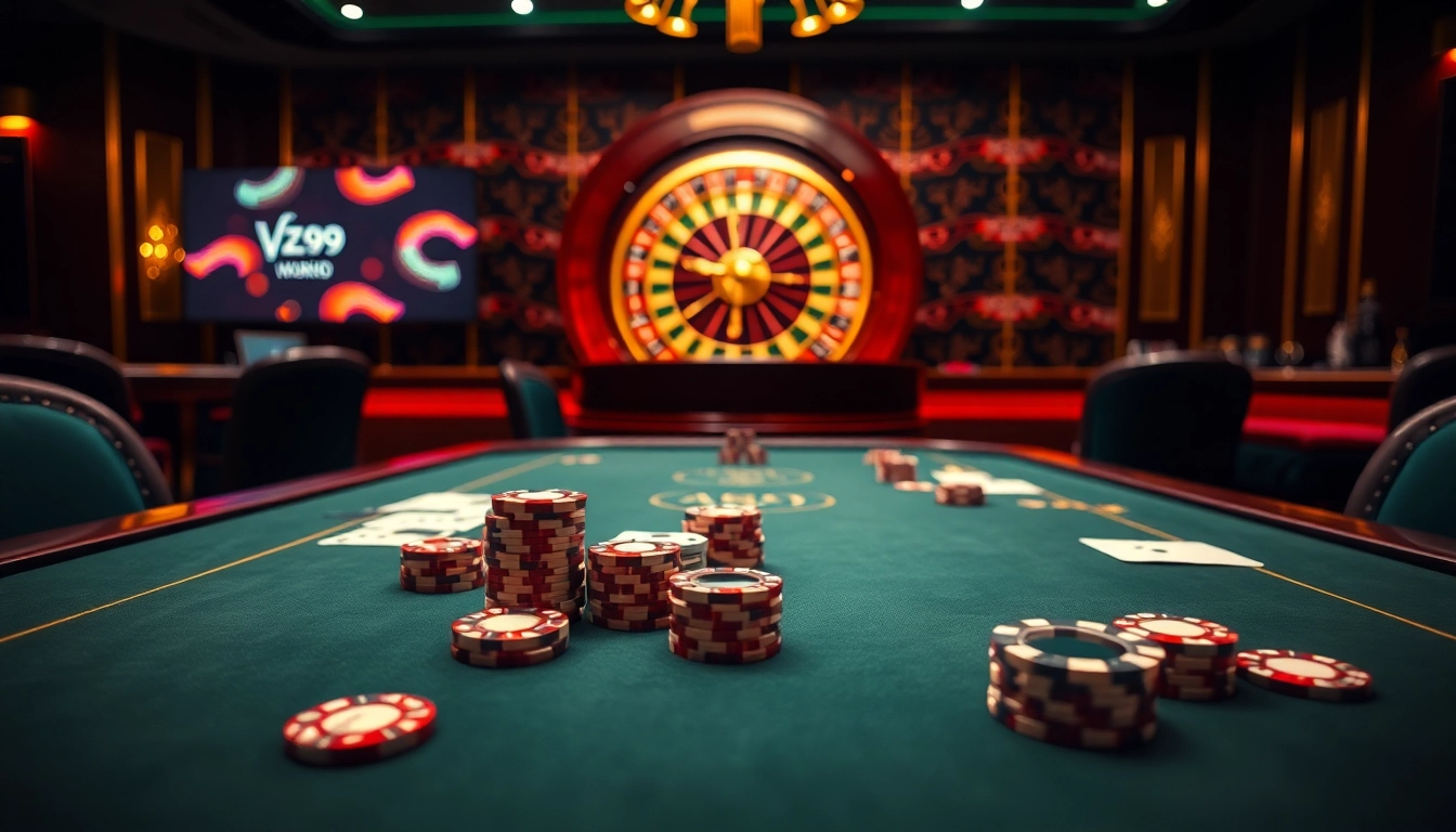 Experience the thrill of vz99 with a captivating casino scene showcasing poker, roulette, and luxury gameplay.