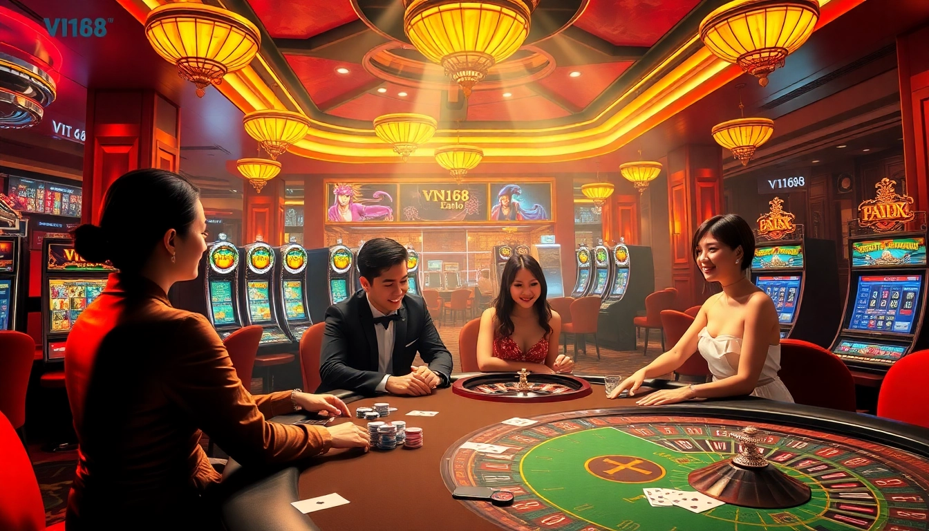Engaging at the poker table with VN168 branding in a vibrant, upscale casino atmosphere.