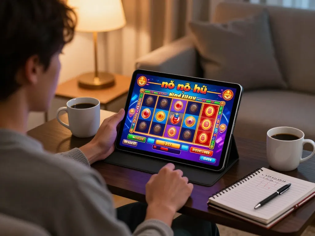 Playing the nổ hũ slot game on a tablet in a cozy home setting, showcasing strategic gaming