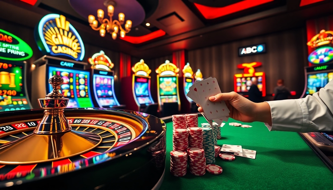 Experience thrilling games at ABC8 with a vibrant casino scene featuring roulette, slot machines, and poker chips.