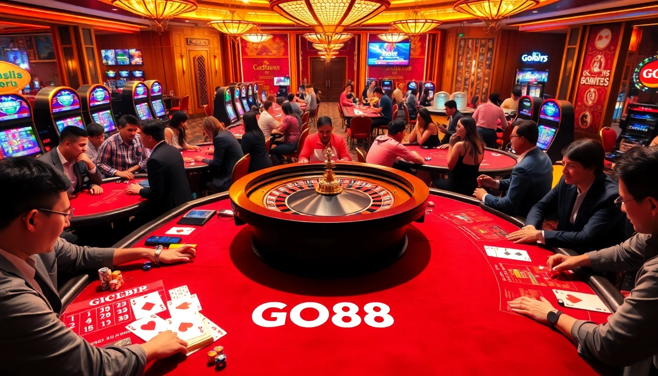 Exciting gambling action at GO88, featuring vibrant tables and engaging players in a luxurious atmosphere.