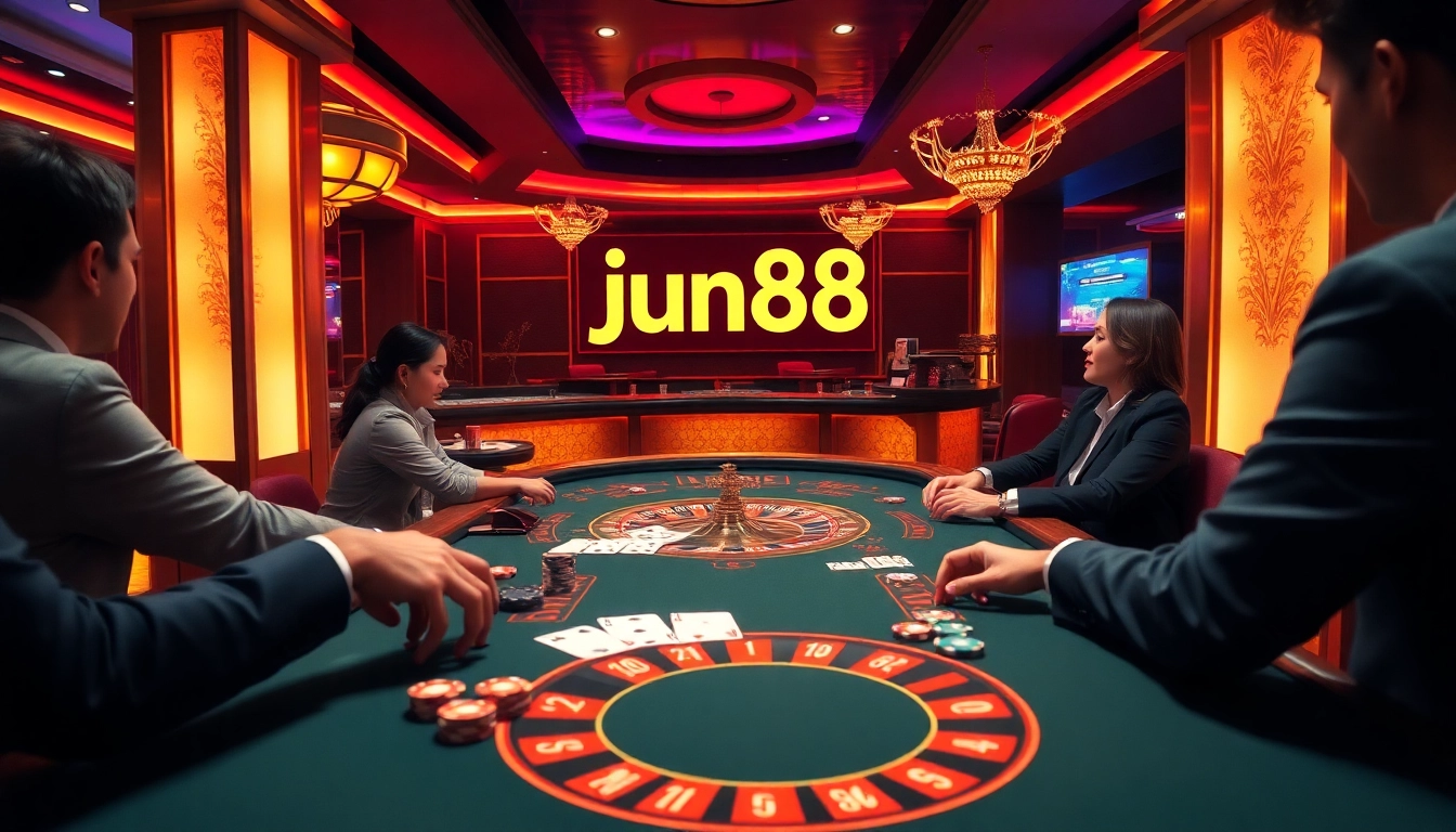 Players experiencing excitement at Jun88's luxurious casino table with cards and chips.