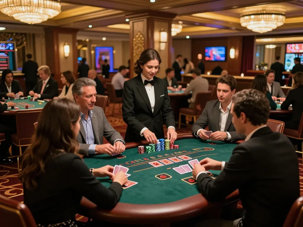 Twin68 blackjack table filled with excited players enjoying strategic gameplay in an upscale casino.