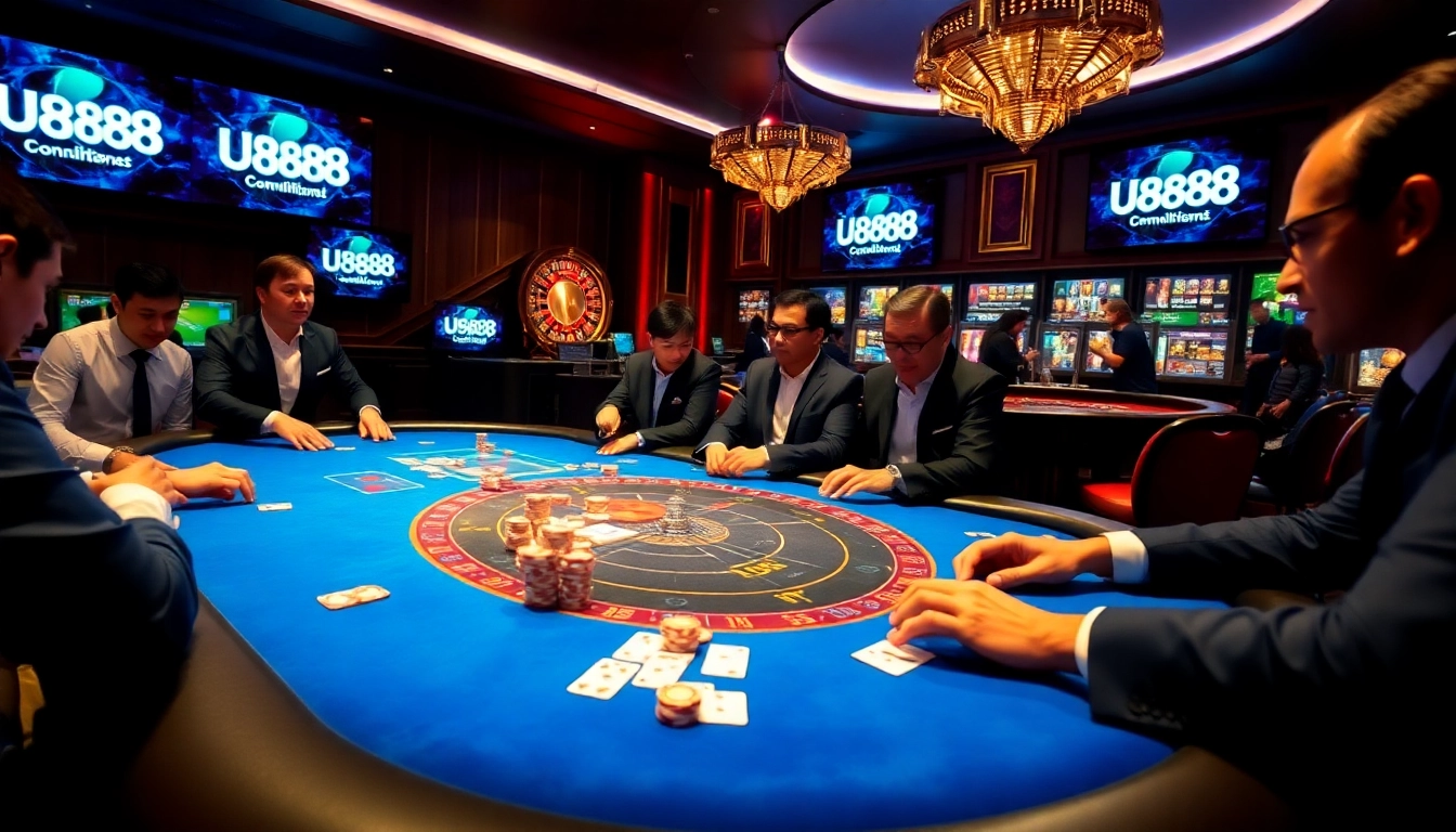 Exciting poker gameplay showcasing U888 branding and luxurious casino elements.