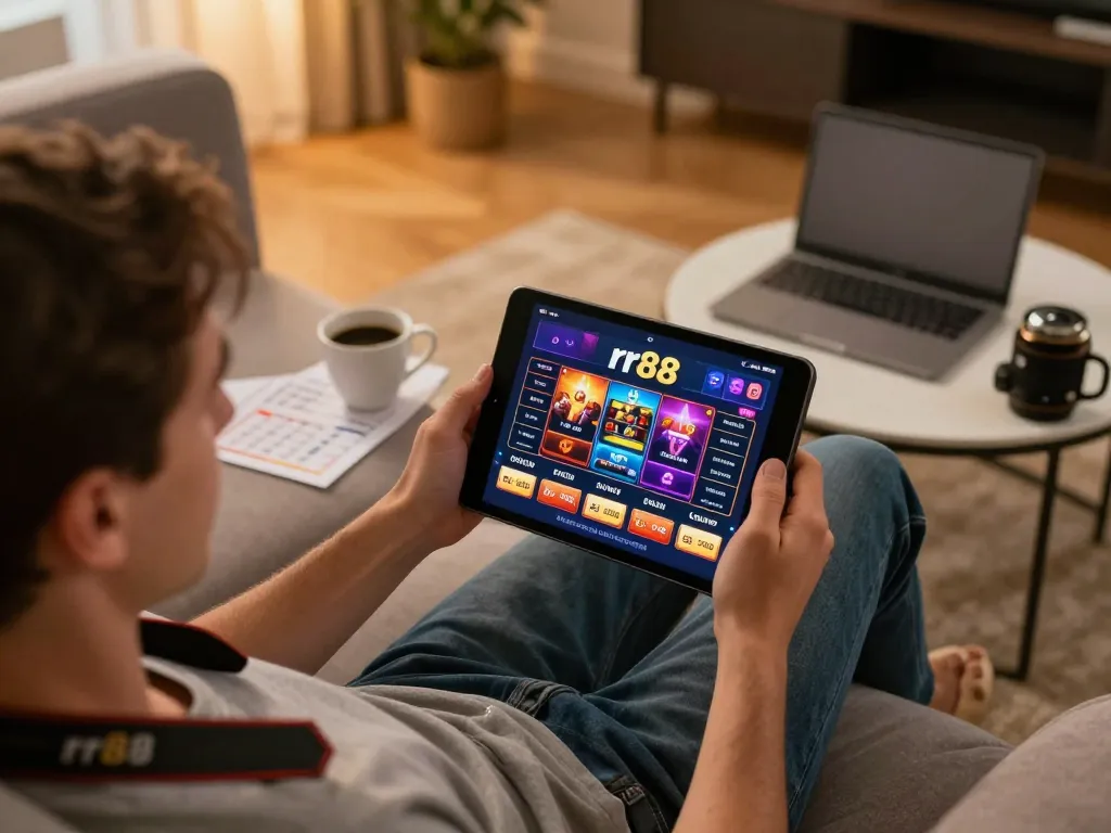 Engaging gameplay with rr88 casino interface displayed on tablet in cozy home setting.